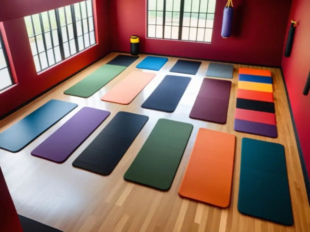 Estudio de artes marciales con diversidad de esterillas de yoga en acción Vista superior de estudio de artes marciales con variedad de alfombrillas de yoga para artes marciales en colores y patrones