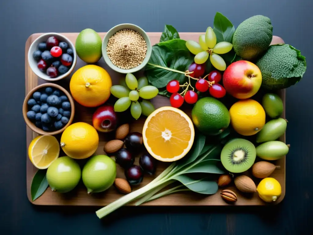 Vista de cerca de una variedad colorida de alimentos ricos en nutrientes y sin gluten en una tabla de cortar de madera oscura