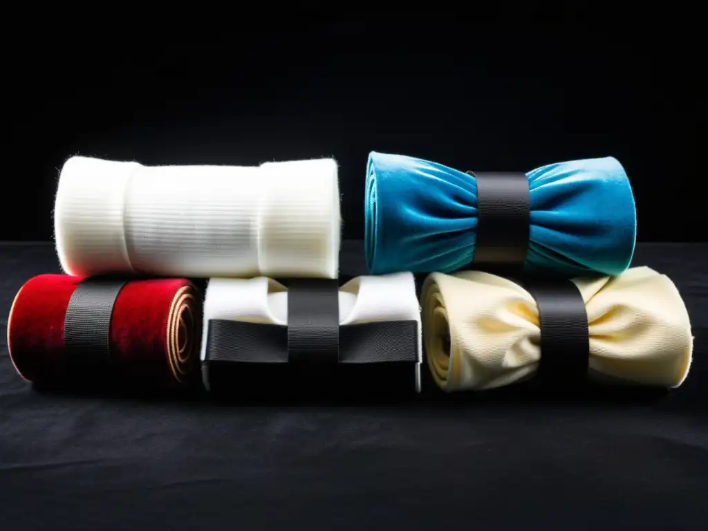 Variedad de muñequeras para artes marciales Un vistazo detallado a una variedad de muñequeras para artes marciales, en diferentes colores y materiales, exhibiendo profesionalismo y calidad