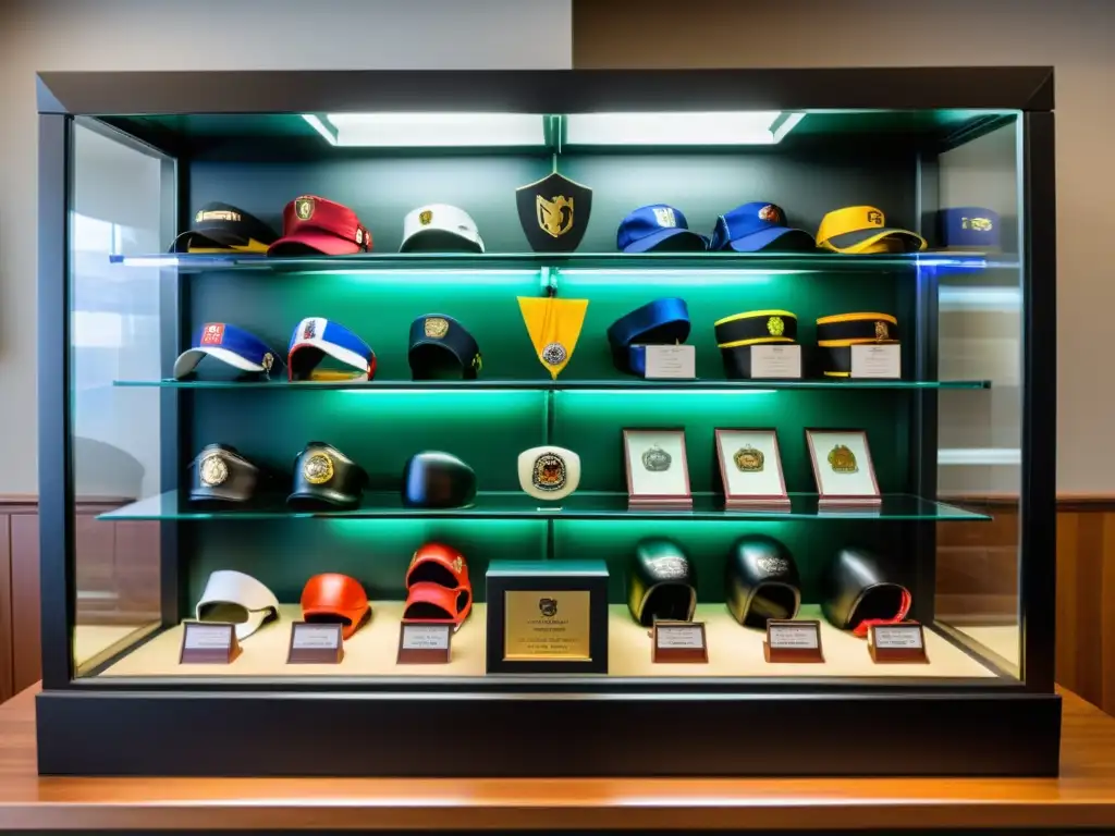 Vitrina impecable de artes marciales Una vitrina impecablemente iluminada llena de memorabilia de artes marciales, organizada con esmero y etiquetada