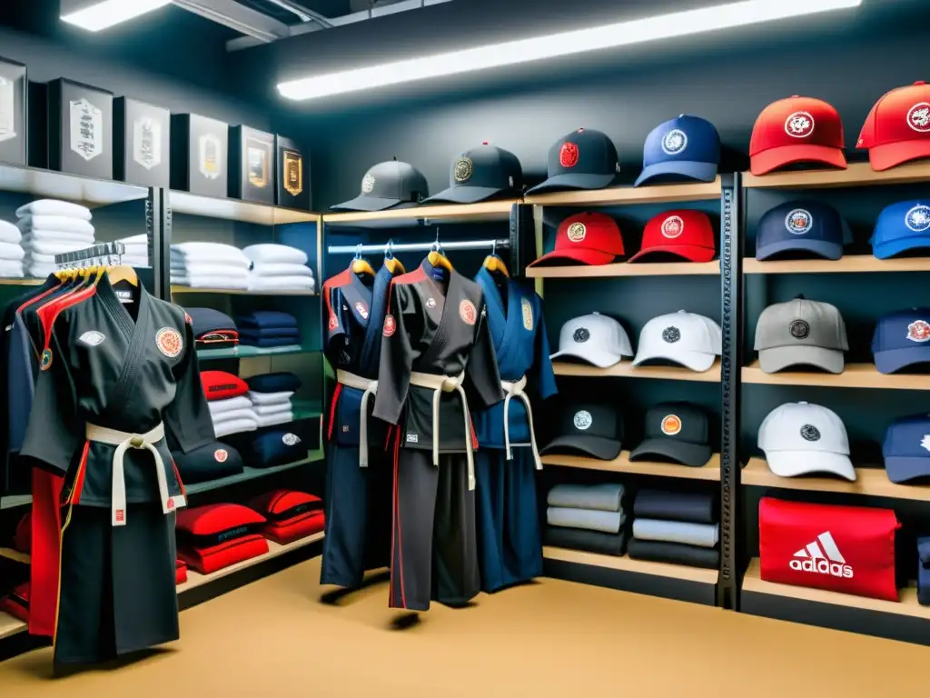 Vitrina de merchandising oficial de artes marciales con productos de alta calidad y ambiente profesional