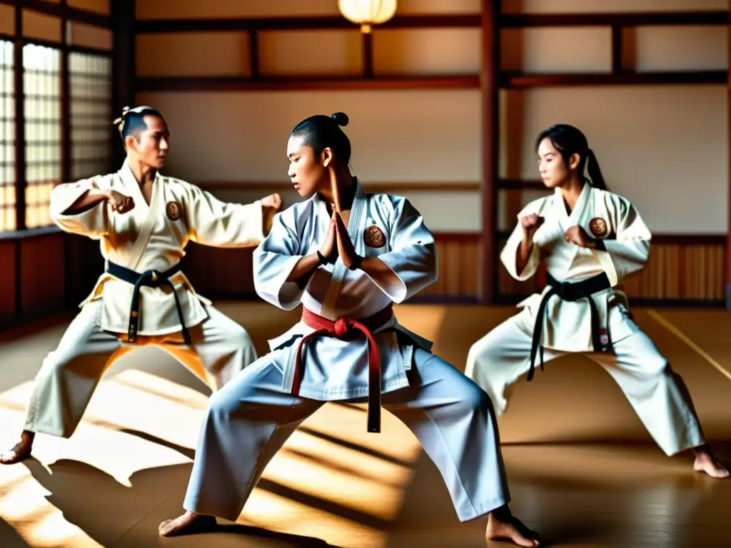 Transmisión en vivo de artes marciales: Practicantes en unión, demostrando precisión y disciplina en un dojo sereno