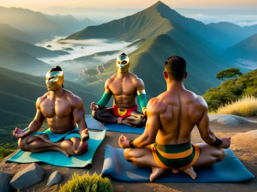 Práctica de yoga al amanecer en la montaña con luchadores, destacando los beneficios de Ashwagandha para el rendimiento físico y mental