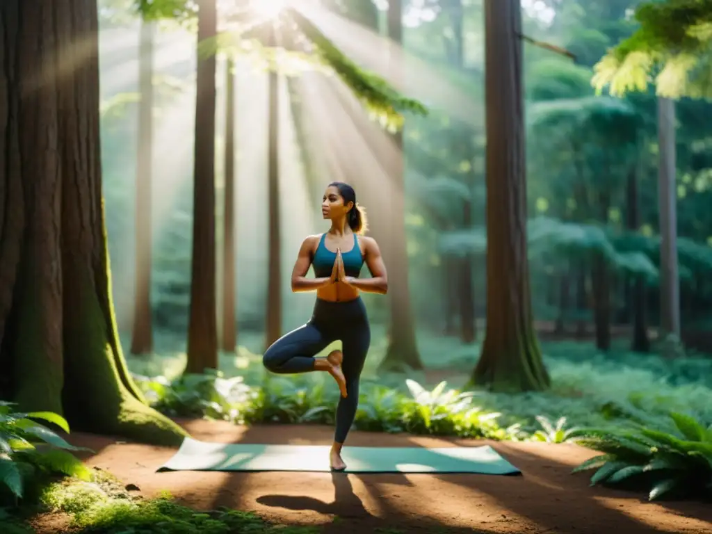 Un yogui enfocado y sereno practica yoga en un bosque exuberante, mostrando equilibrio y estabilidad